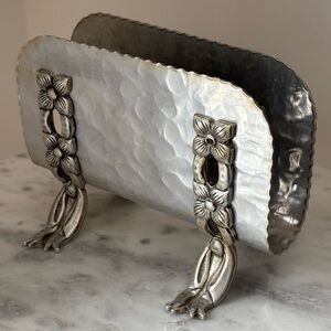 Vintage Hammered Aluminum Rodney Kent Napkin Holder w Ruffled Edges and Flowers